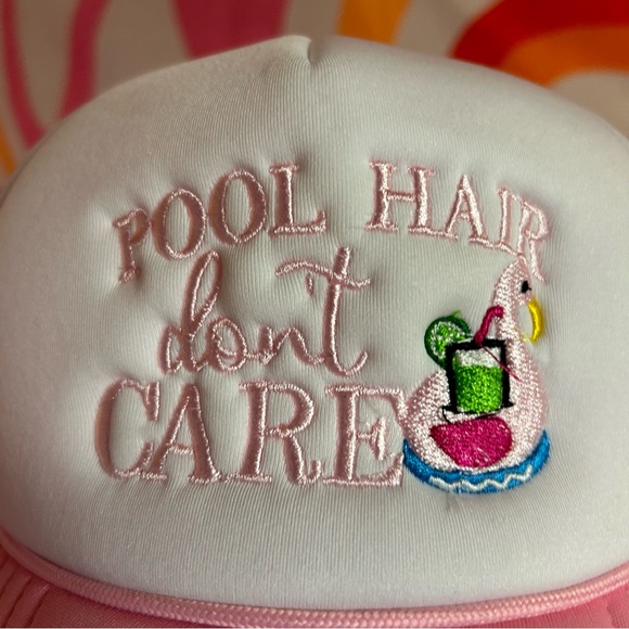 CC Beanie Light Pink Trucker Hat with Custom Embroidery “Pool Hair Don’t Care” - Picture 3 of 7